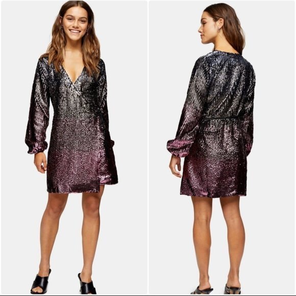 TOPSHOP Ombré Sequin Long Sleeve Wrap Minidress 2P - Picture 1 of 10